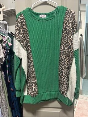 MoCo Boutique Green Leopard-Accent Knit Sweater